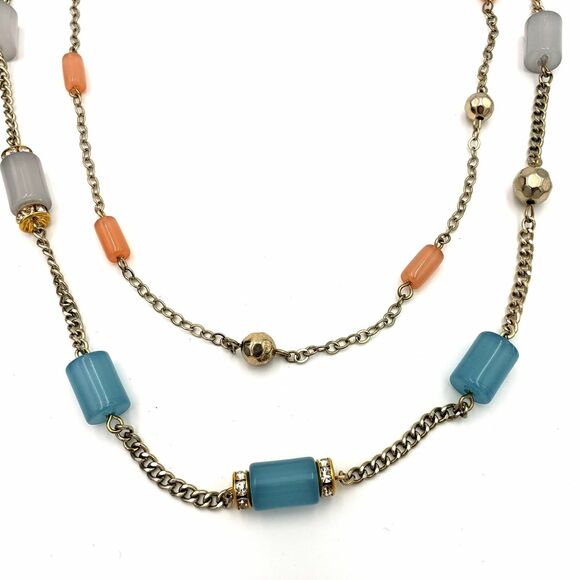 Gold Tone Satellite Cylinder Bead Necklace Blue Pink Green Gray Double Chain - Picture 2 of 12